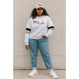 FILA Logo Sweatshirt White Crewneck Black Stripe Sleeve Casual Retro Adult XL